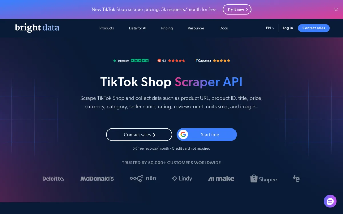Bright Data TikTok Shop Scraper API page, captured October 26, 2026