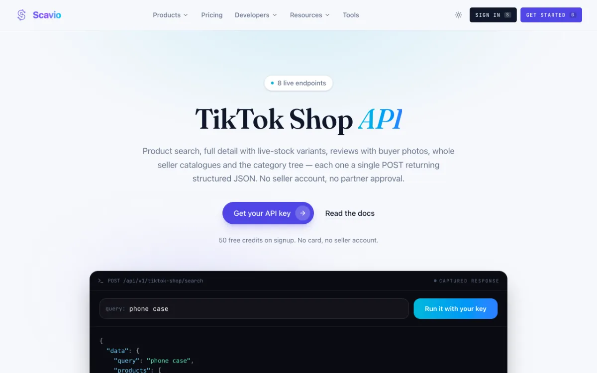 Scavio TikTok Shop API page, captured October 26, 2026