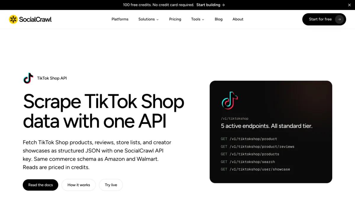 SocialCrawl TikTok Shop page, captured October 26, 2026