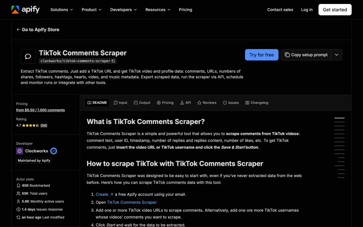 Apify TikTok Comments Scraper actor page, captured October 27, 2026
