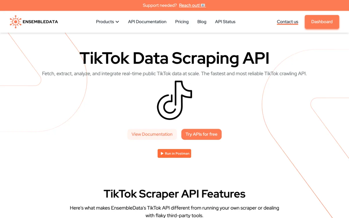EnsembleData TikTok API page, captured October 27, 2026