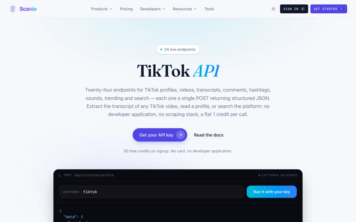 Scavio TikTok API page, captured October 27, 2026