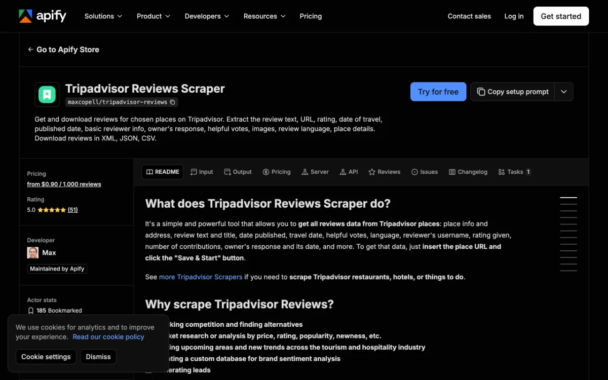 Apify Tripadvisor Reviews Scraper actor page, captured October 27, 2026