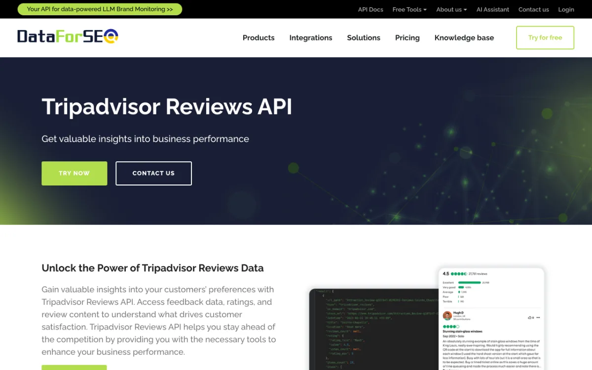 DataForSEO Tripadvisor Reviews API page, captured October 27, 2026