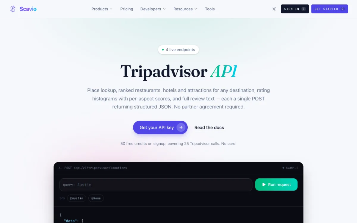 Scavio Tripadvisor API page, captured October 27, 2026
