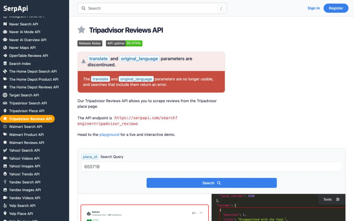 SerpApi Tripadvisor Reviews API page, captured October 27, 2026