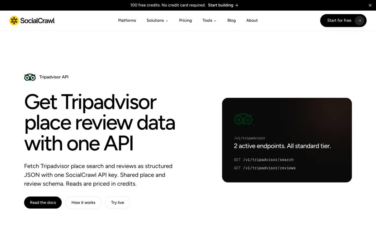 SocialCrawl Tripadvisor API page, captured October 27, 2026