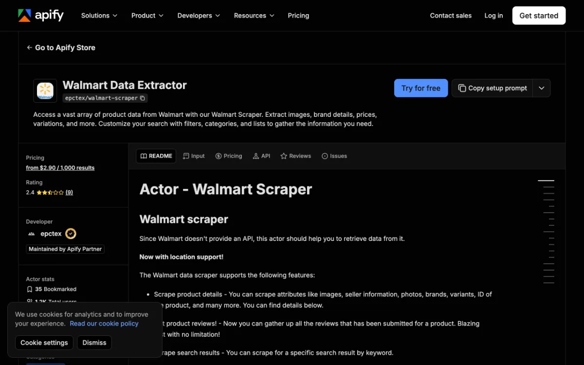 Apify Walmart Scraper actor page, captured October 26, 2026