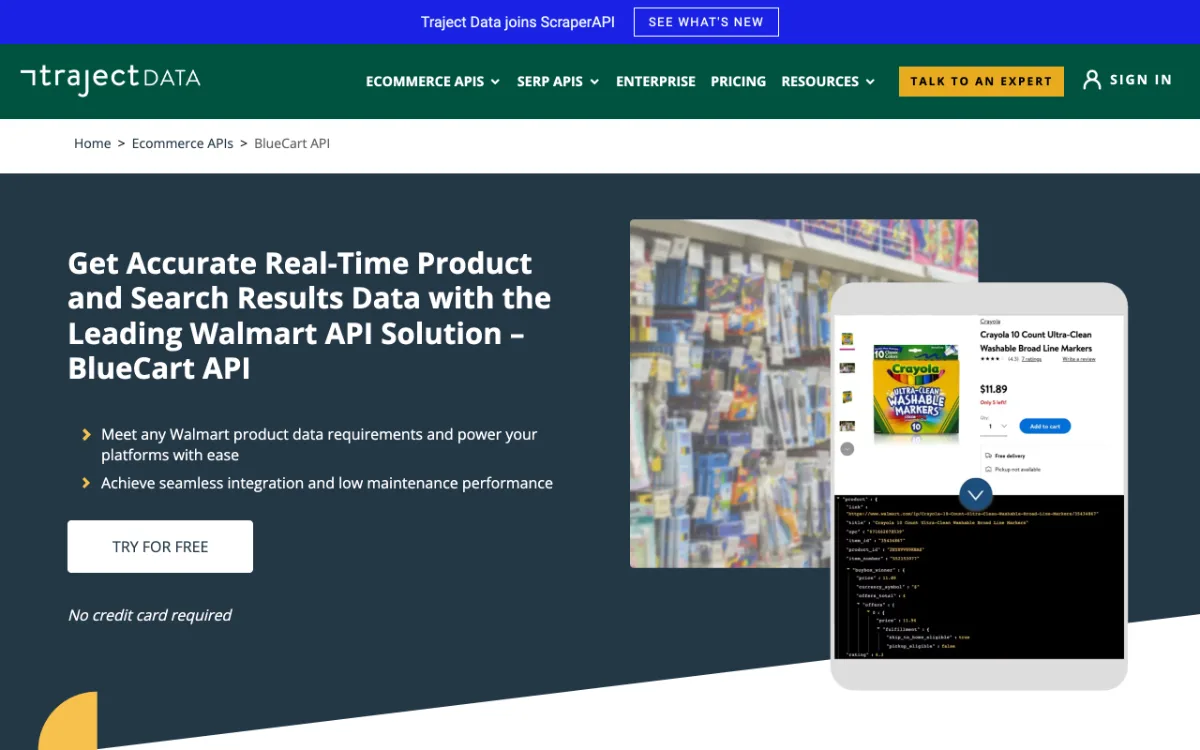 Traject Data BlueCart API page, captured October 26, 2026