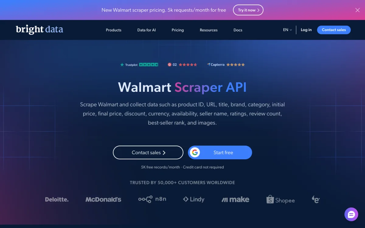 Bright Data Walmart Scraper API page, captured October 26, 2026