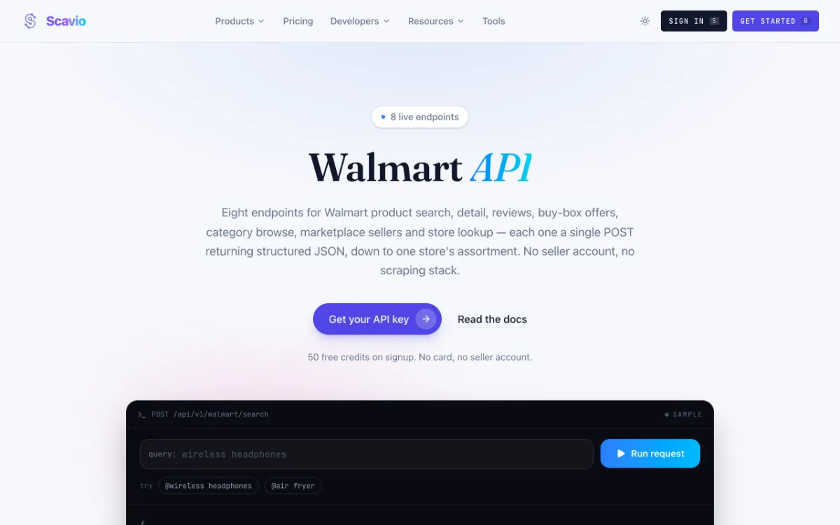 Scavio Walmart API page, captured October 26, 2026