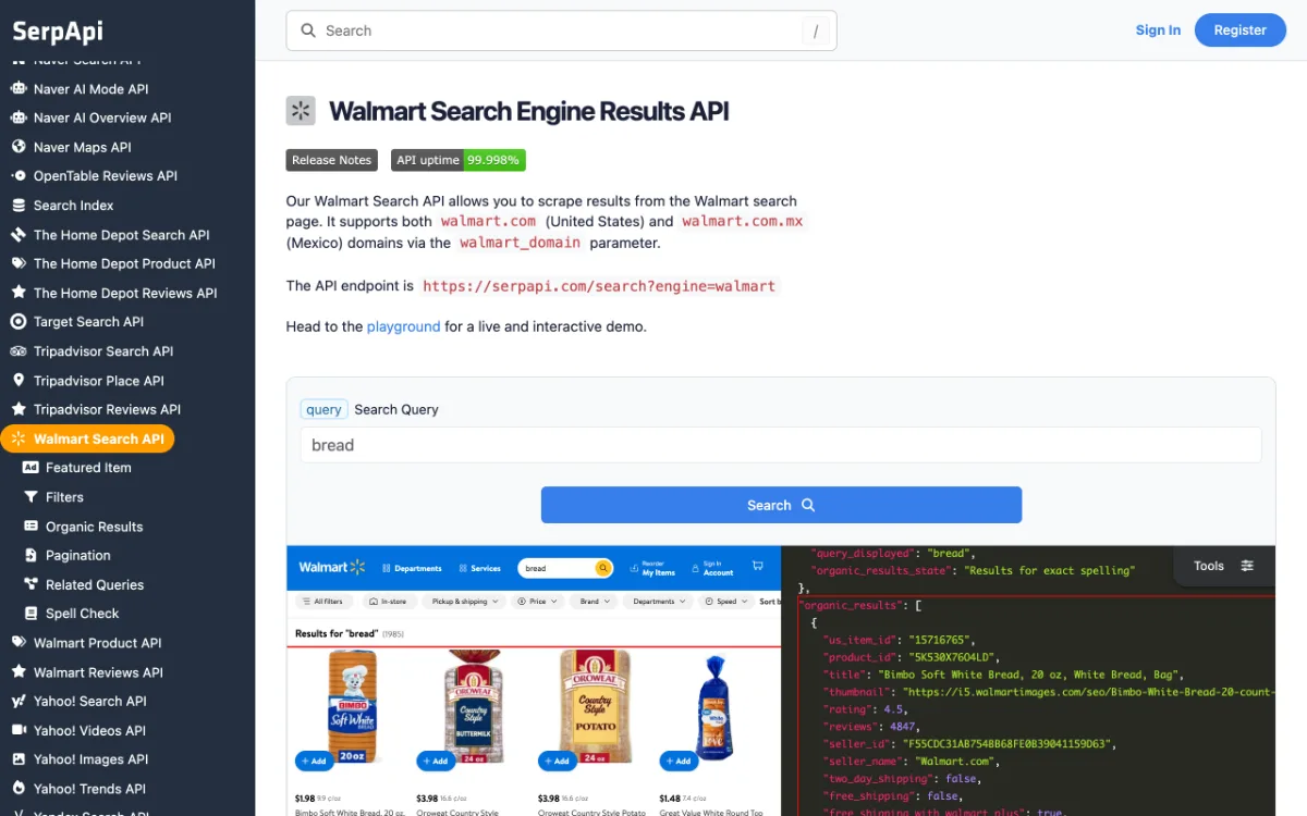 SerpApi Walmart Search API page, captured October 26, 2026