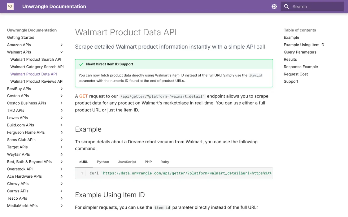 Unwrangle Walmart Product Data API page, captured October 26, 2026