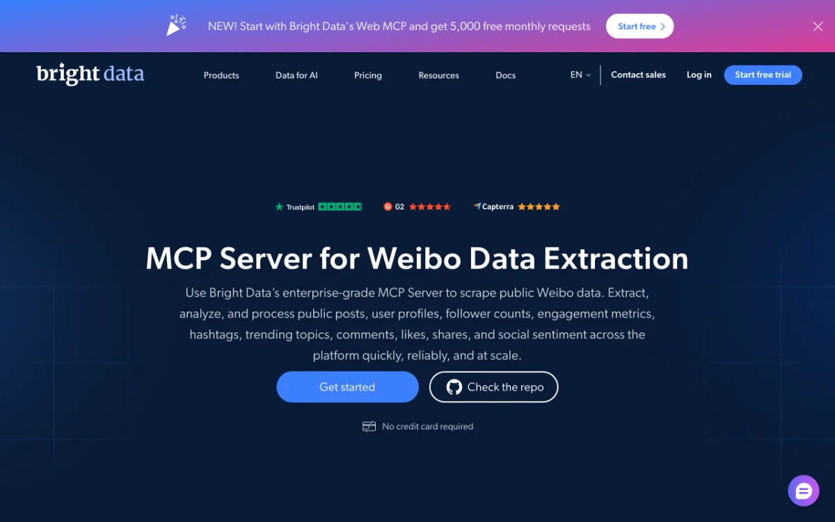 Bright Data Weibo MCP server page, captured October 27, 2026