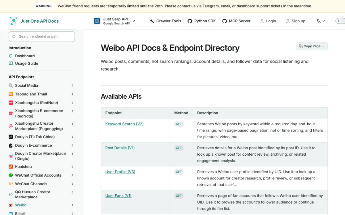Just One API Weibo endpoint directory, captured October 27, 2026