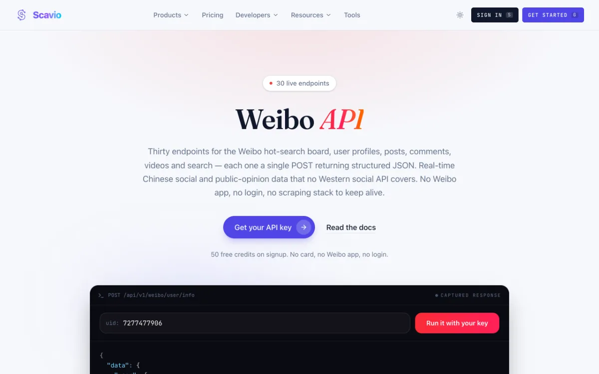 Scavio Weibo API page, captured October 27, 2026