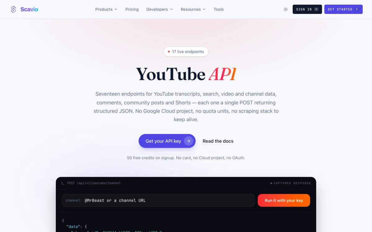 Scavio YouTube API page, captured October 27, 2026