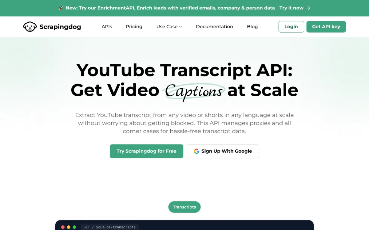 Scrapingdog YouTube Transcripts API page, captured October 27, 2026