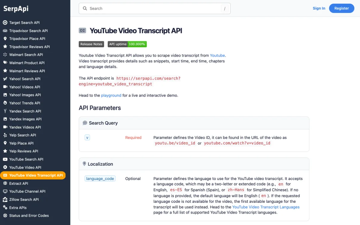 SerpApi YouTube Video Transcript API page, captured October 27, 2026