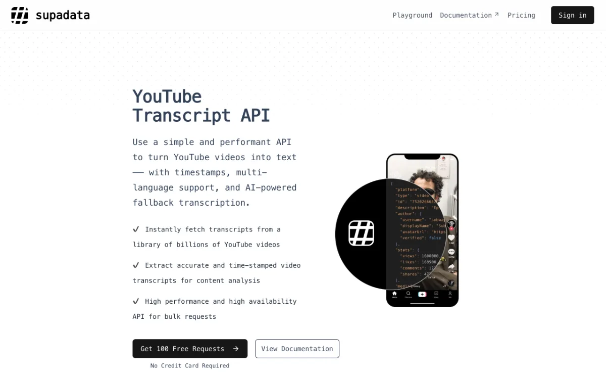 Supadata YouTube Transcript API page, captured October 27, 2026