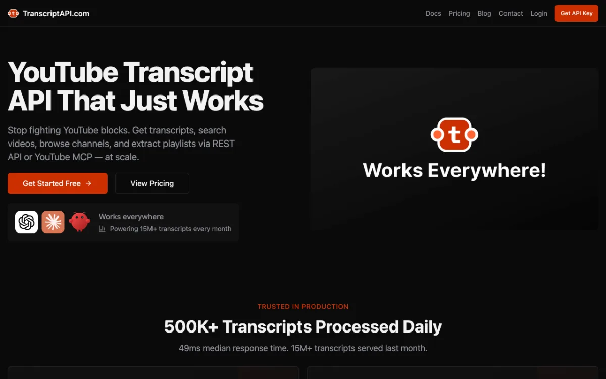 TranscriptAPI page, captured October 27, 2026