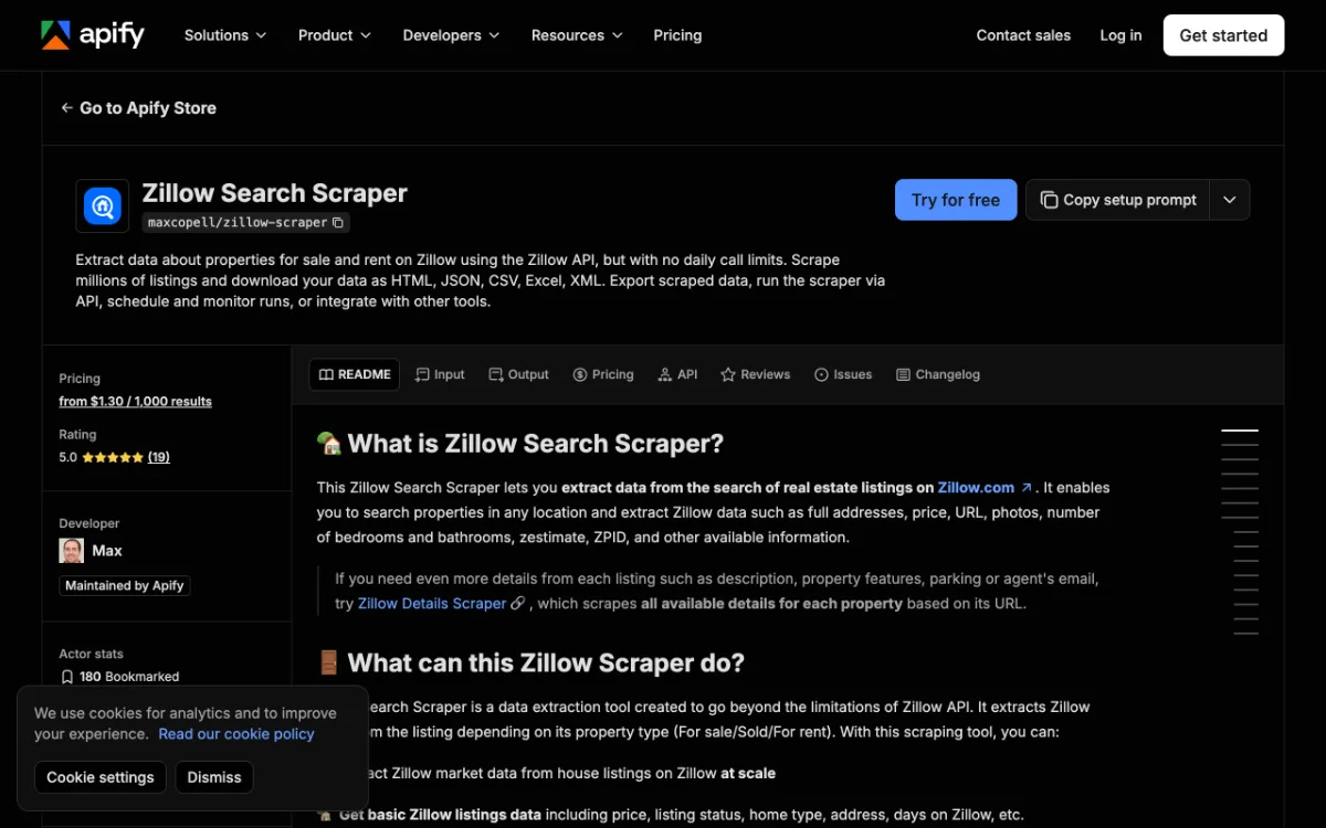 Apify Zillow Search Scraper actor page, captured October 27, 2026