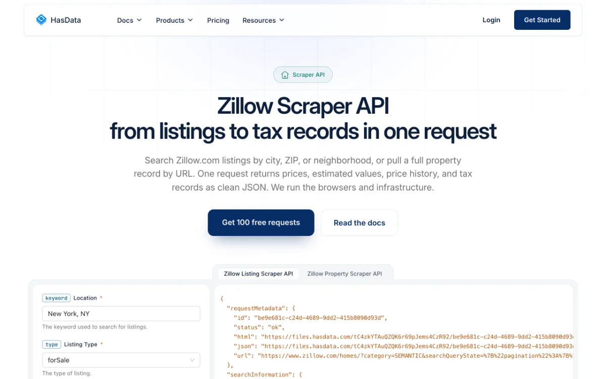 HasData Zillow Scraper API page, captured October 27, 2026