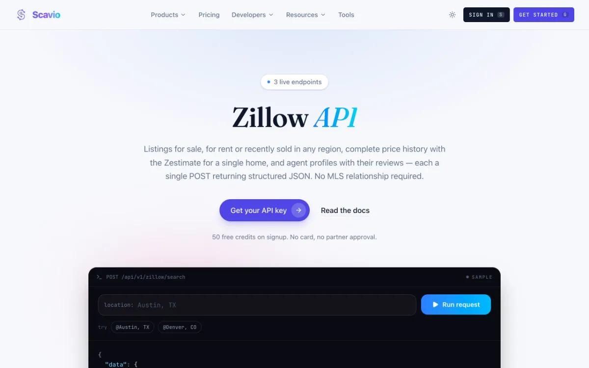 Scavio Zillow API page, captured October 27, 2026