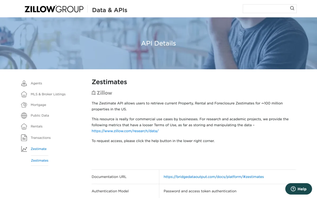 Zillow Group Zestimates API page, captured October 27, 2026