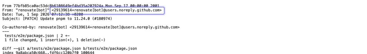 A raw .patch file served by github.com, with the From: header's email address highlighted.