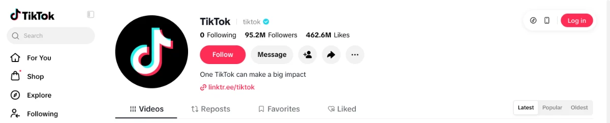 TikTok's profile page at tiktok.com/@tiktok, showing the avatar, follower counts, bio and video tabs.