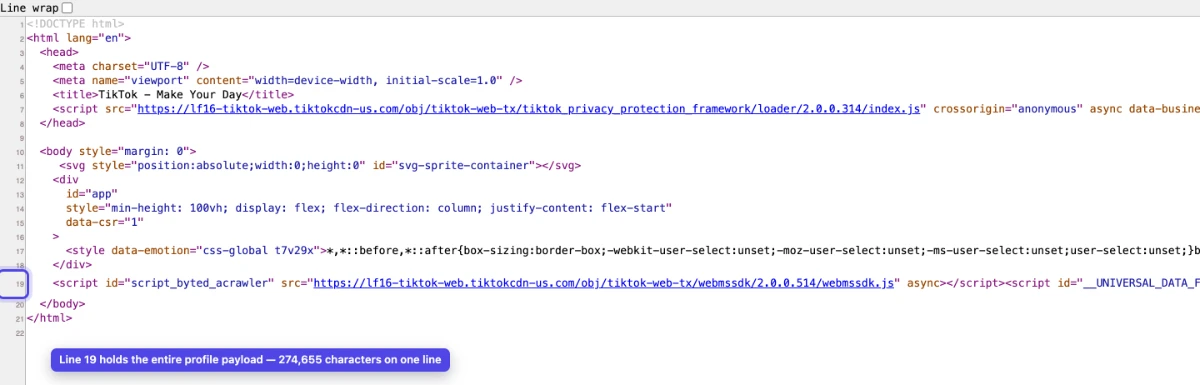 Chrome's view-source tab for the TikTok profile, with line 19 ringed and labelled as the line holding the entire profile payload.