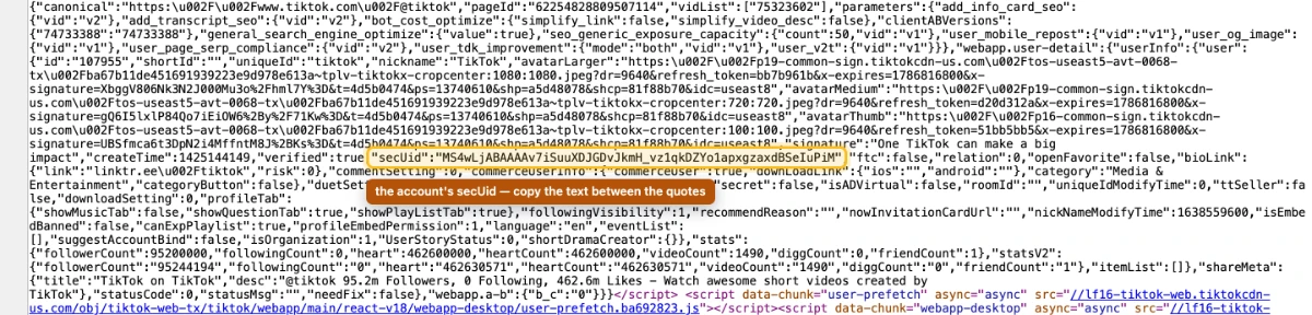 The wrapped page source with the secUid key and its long value highlighted inside the surrounding JSON payload.